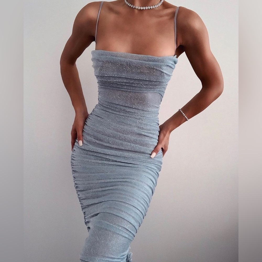 House of Cb Fornarina BABY BLUE SPARKLE RUCHED MESH MAXI DRESS